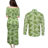 Green Hawaii Kalo Palaka Motifs Couples Matching Puletasi and Long Sleeve Button Shirt Hawaiian Taro Leaves Elegant Vibes - Polynesian Pride