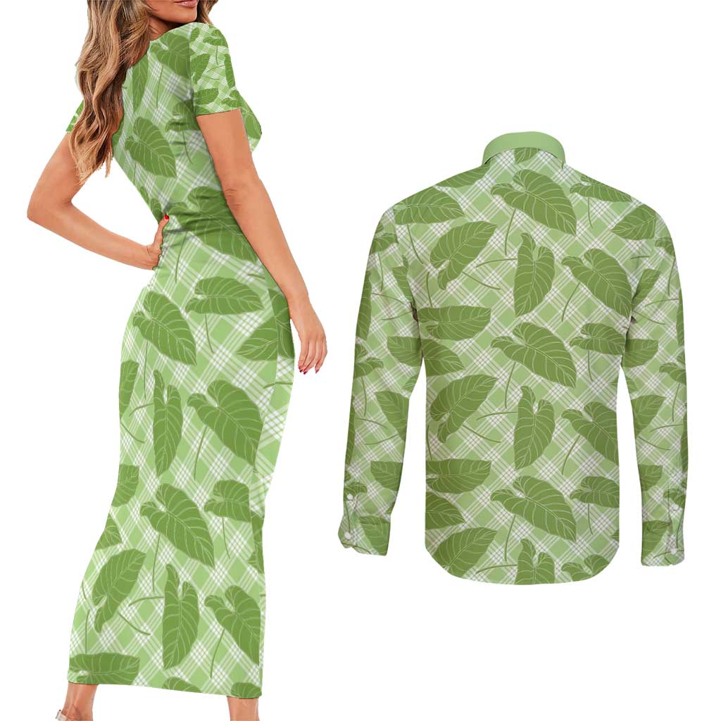 Green Hawaii Kalo Palaka Motifs Couples Matching Short Sleeve Bodycon Dress and Long Sleeve Button Shirt Hawaiian Taro Leaves Elegant Vibes - Polynesian Pride
