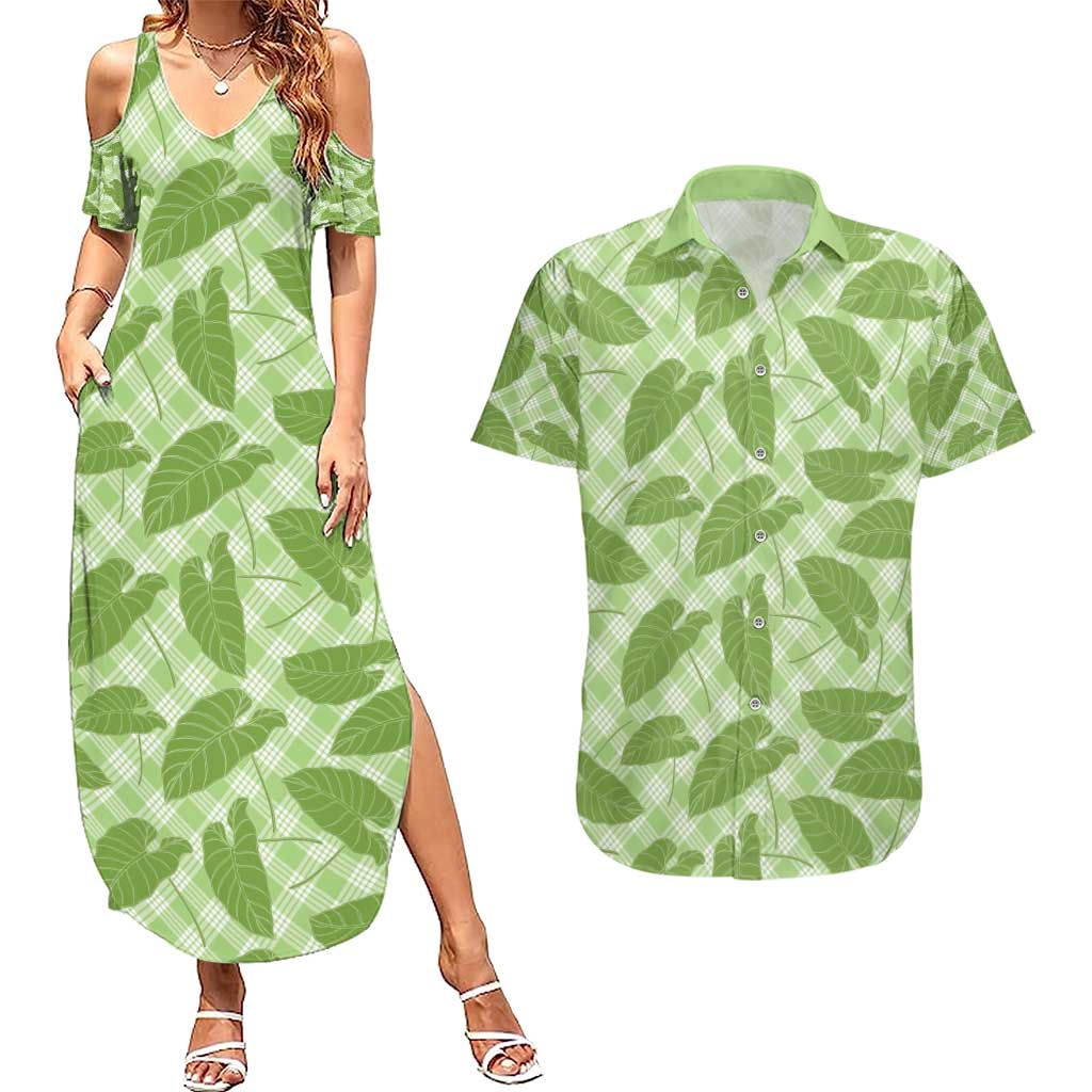 Green Hawaii Kalo Palaka Motifs Couples Matching Summer Maxi Dress and Hawaiian Shirt Hawaiian Taro Leaves Elegant Vibes - Polynesian Pride