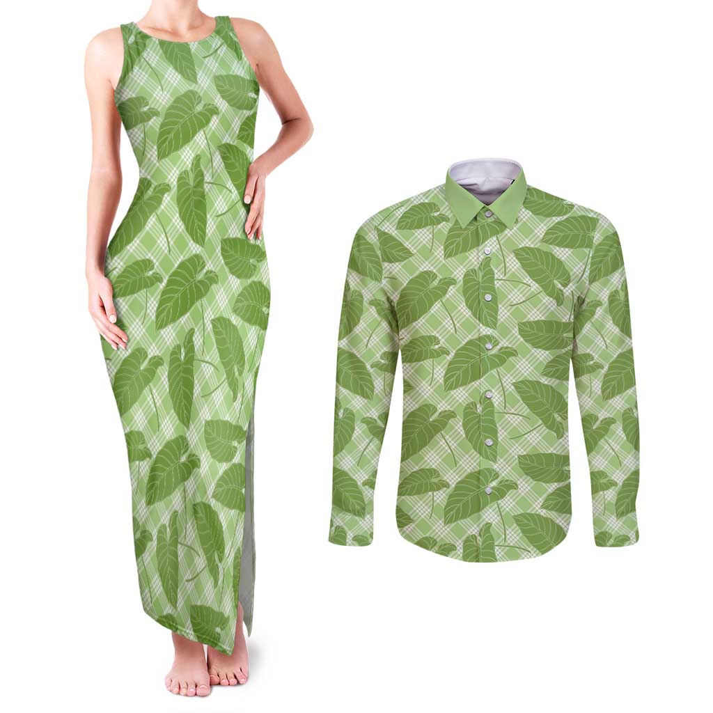 Green Hawaii Kalo Palaka Motifs Couples Matching Tank Maxi Dress and Long Sleeve Button Shirt Hawaiian Taro Leaves Elegant Vibes - Polynesian Pride