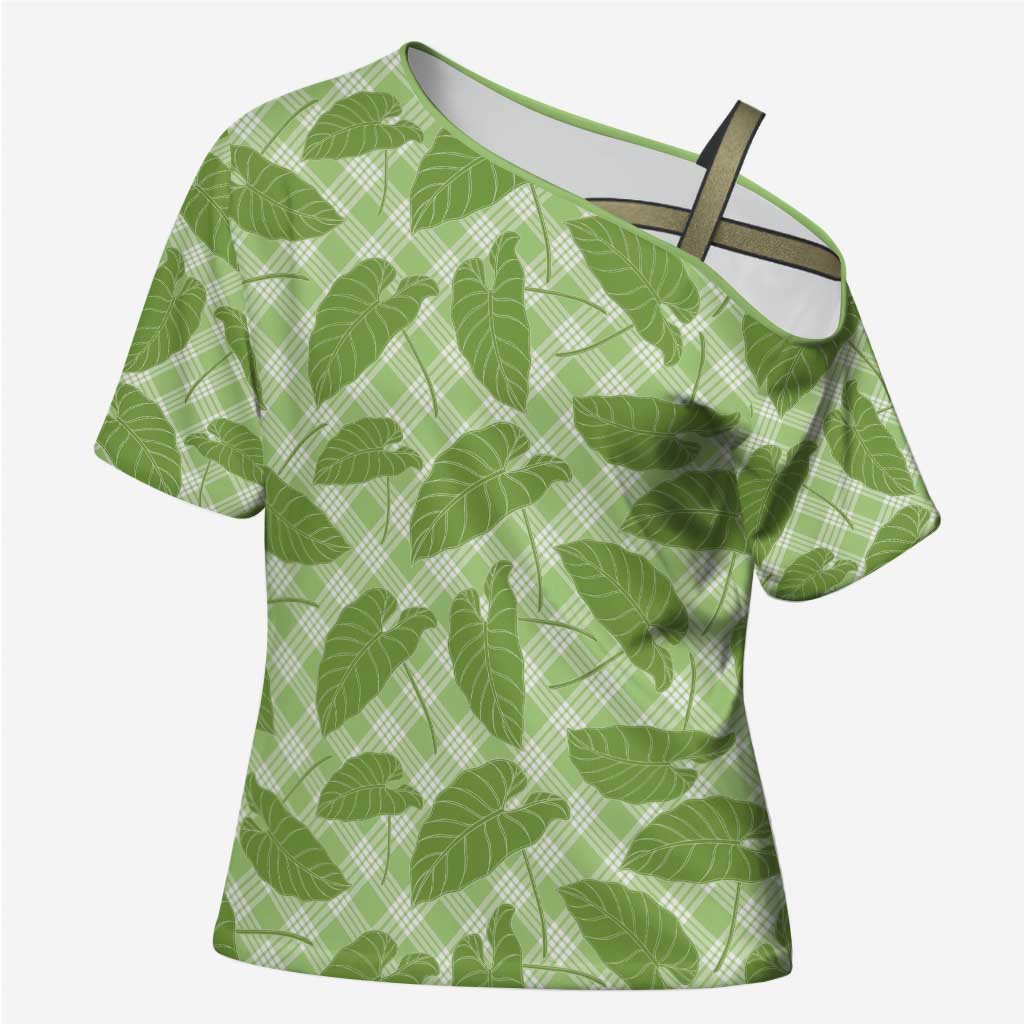 Green Hawaii Kalo Palaka Motifs Cross Shoulder Shirt Hawaiian Taro Leaves Elegant Vibes - Polynesian Pride