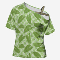 Green Hawaii Kalo Palaka Motifs Cross Shoulder Shirt Hawaiian Taro Leaves Elegant Vibes - Polynesian Pride