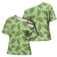 Green Hawaii Kalo Palaka Motifs Cross Shoulder Shirt Hawaiian Taro Leaves Elegant Vibes - Polynesian Pride