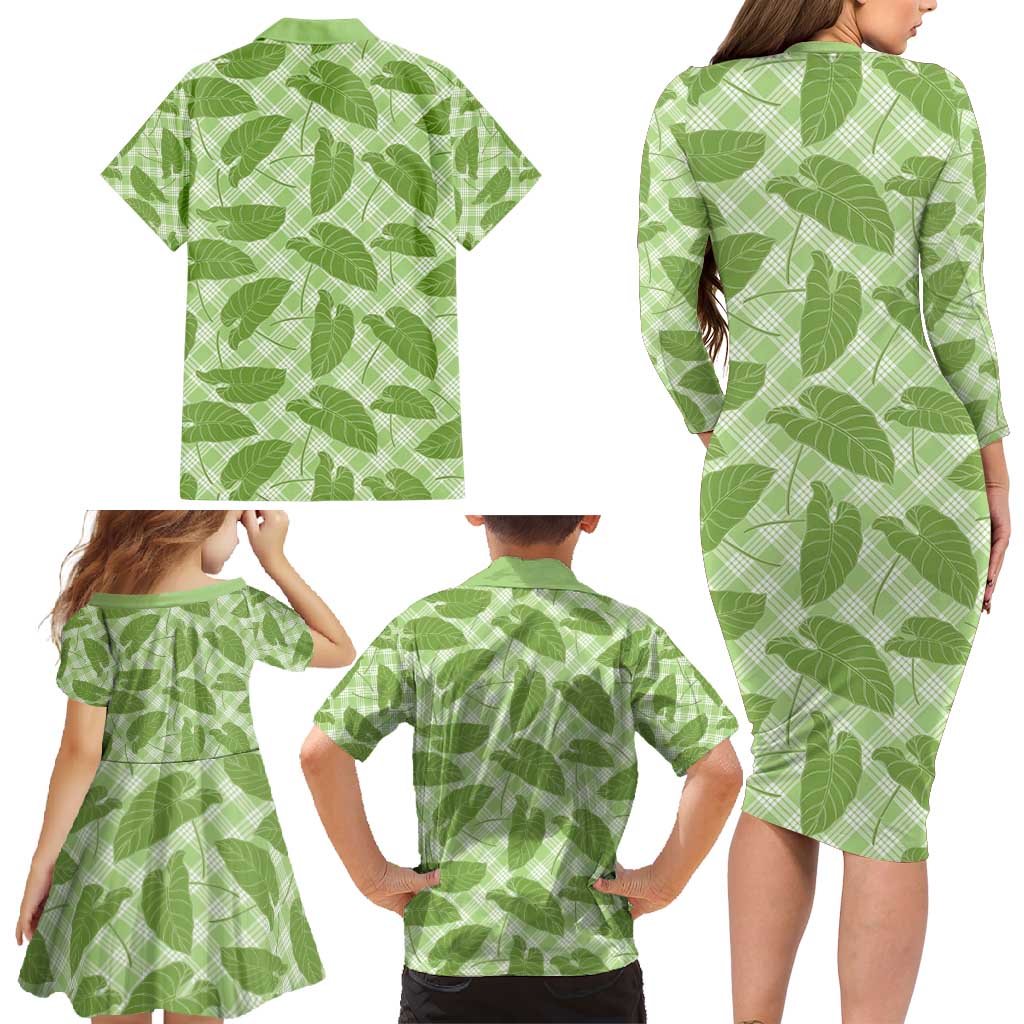 Green Hawaii Kalo Palaka Motifs Family Matching Long Sleeve Bodycon Dress and Hawaiian Shirt Hawaiian Taro Leaves Elegant Vibes - Polynesian Pride