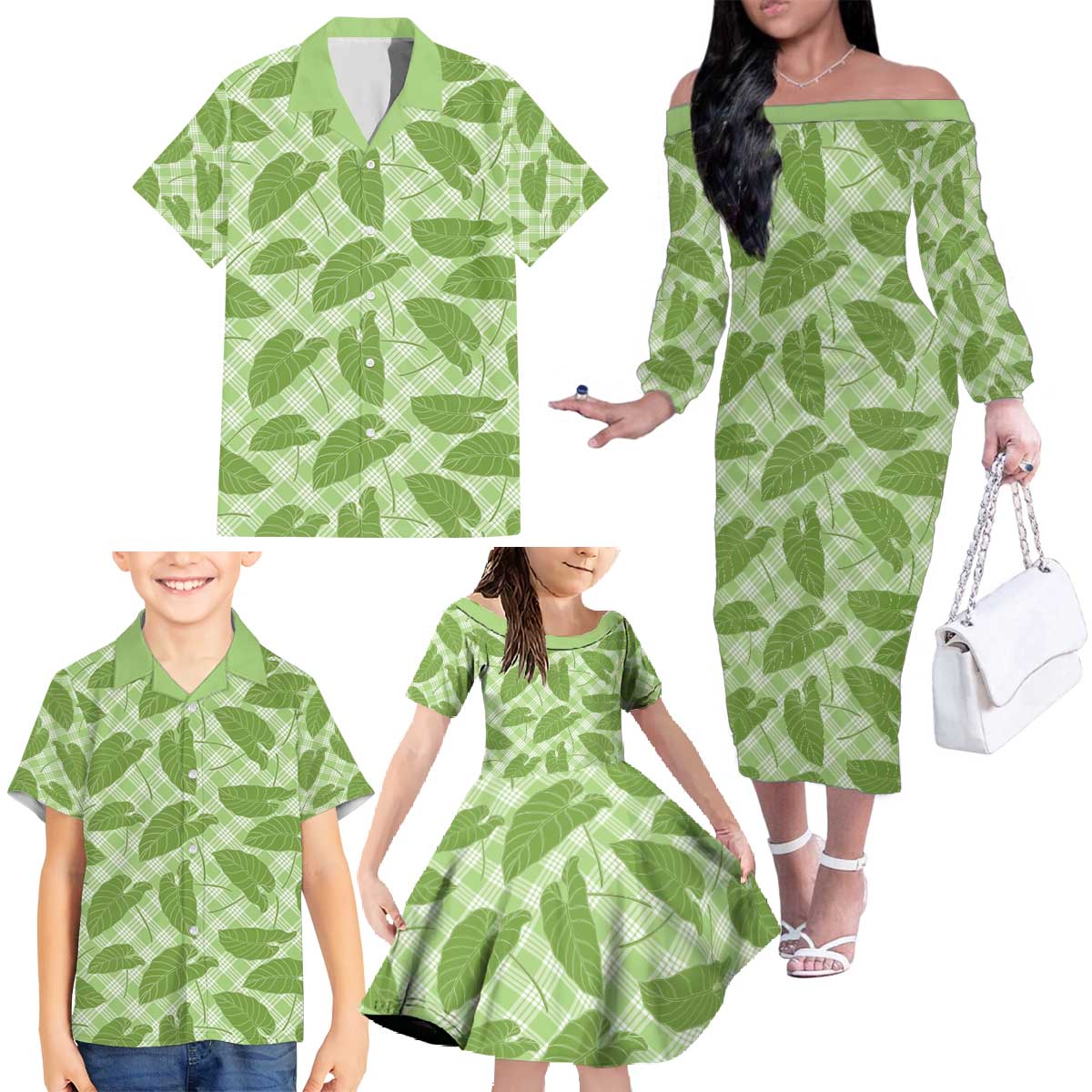 Green Hawaii Kalo Palaka Motifs Family Matching Off The Shoulder Long Sleeve Dress and Hawaiian Shirt Hawaiian Taro Leaves Elegant Vibes - Polynesian Pride