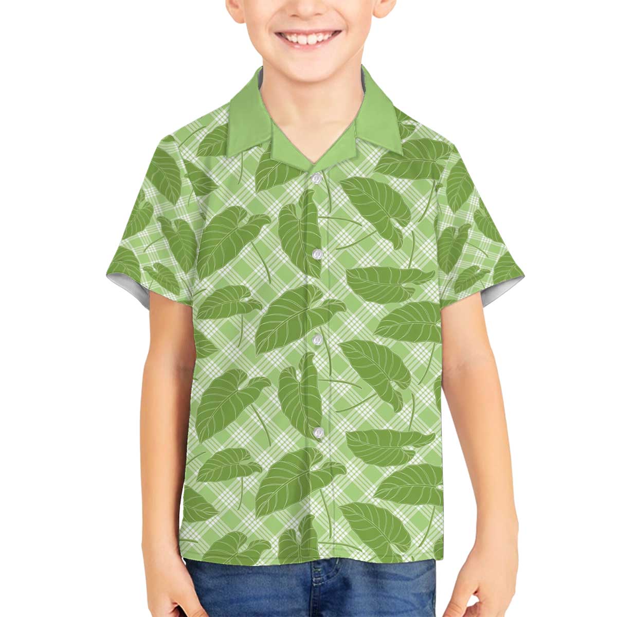 Green Hawaii Kalo Palaka Motifs Family Matching Off The Shoulder Long Sleeve Dress and Hawaiian Shirt Hawaiian Taro Leaves Elegant Vibes - Polynesian Pride