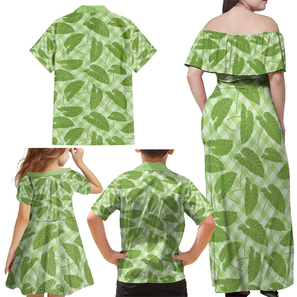 Green Hawaii Kalo Palaka Motifs Family Matching Off Shoulder Maxi Dress and Hawaiian Shirt Hawaiian Taro Leaves Elegant Vibes - Polynesian Pride