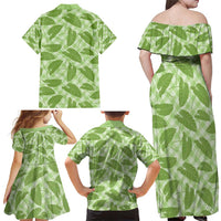 Green Hawaii Kalo Palaka Motifs Family Matching Off Shoulder Maxi Dress and Hawaiian Shirt Hawaiian Taro Leaves Elegant Vibes - Polynesian Pride