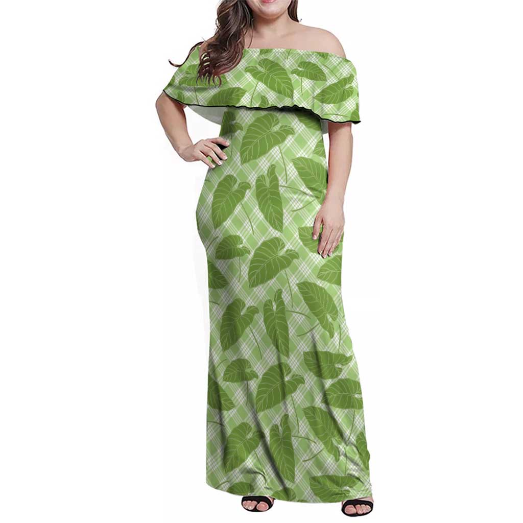 Green Hawaii Kalo Palaka Motifs Family Matching Off Shoulder Maxi Dress and Hawaiian Shirt Hawaiian Taro Leaves Elegant Vibes - Polynesian Pride
