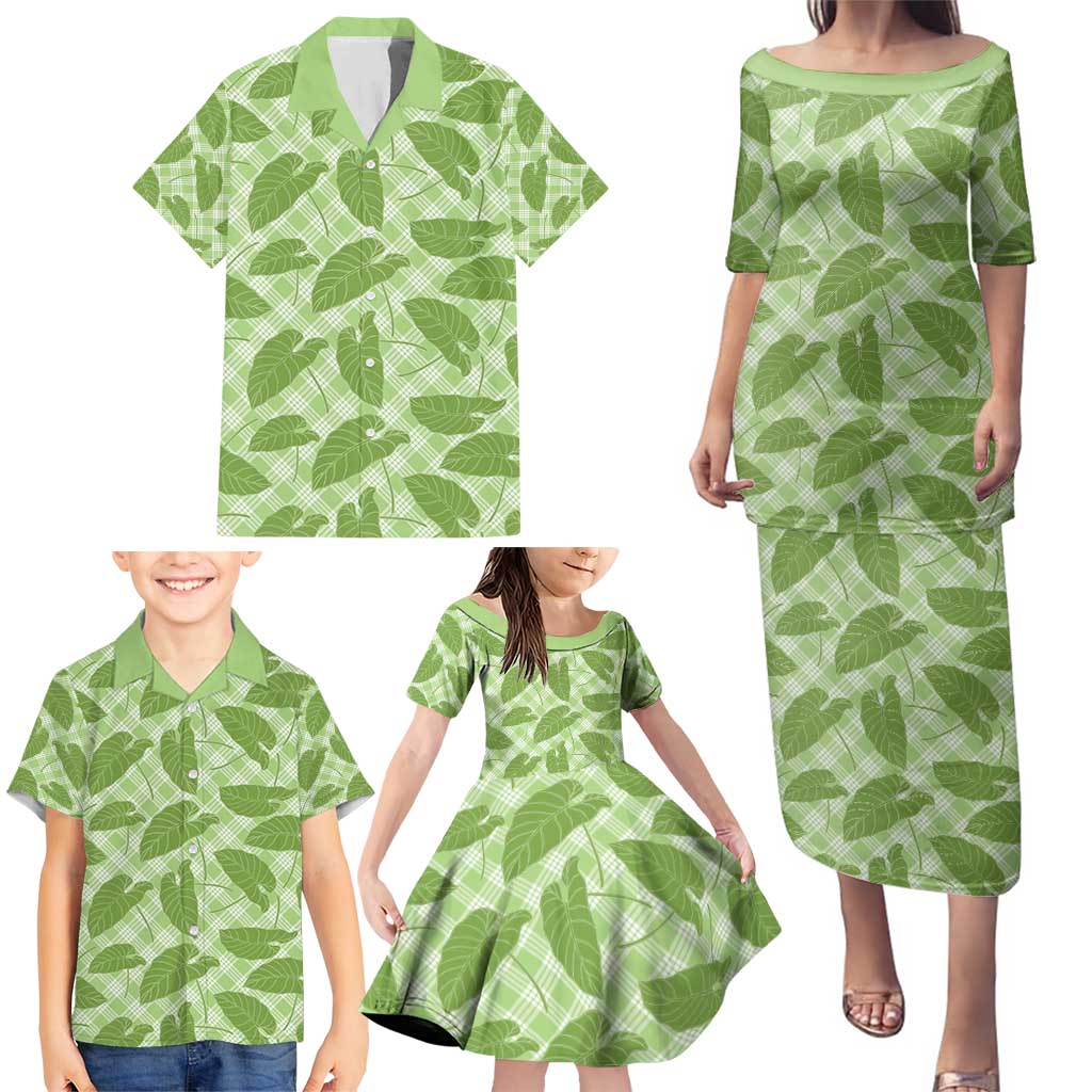 Green Hawaii Kalo Palaka Motifs Family Matching Puletasi and Hawaiian Shirt Hawaiian Taro Leaves Elegant Vibes - Polynesian Pride