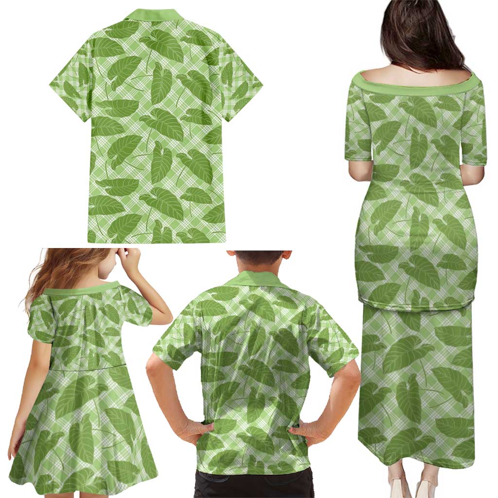 Green Hawaii Kalo Palaka Motifs Family Matching Puletasi and Hawaiian Shirt Hawaiian Taro Leaves Elegant Vibes - Polynesian Pride
