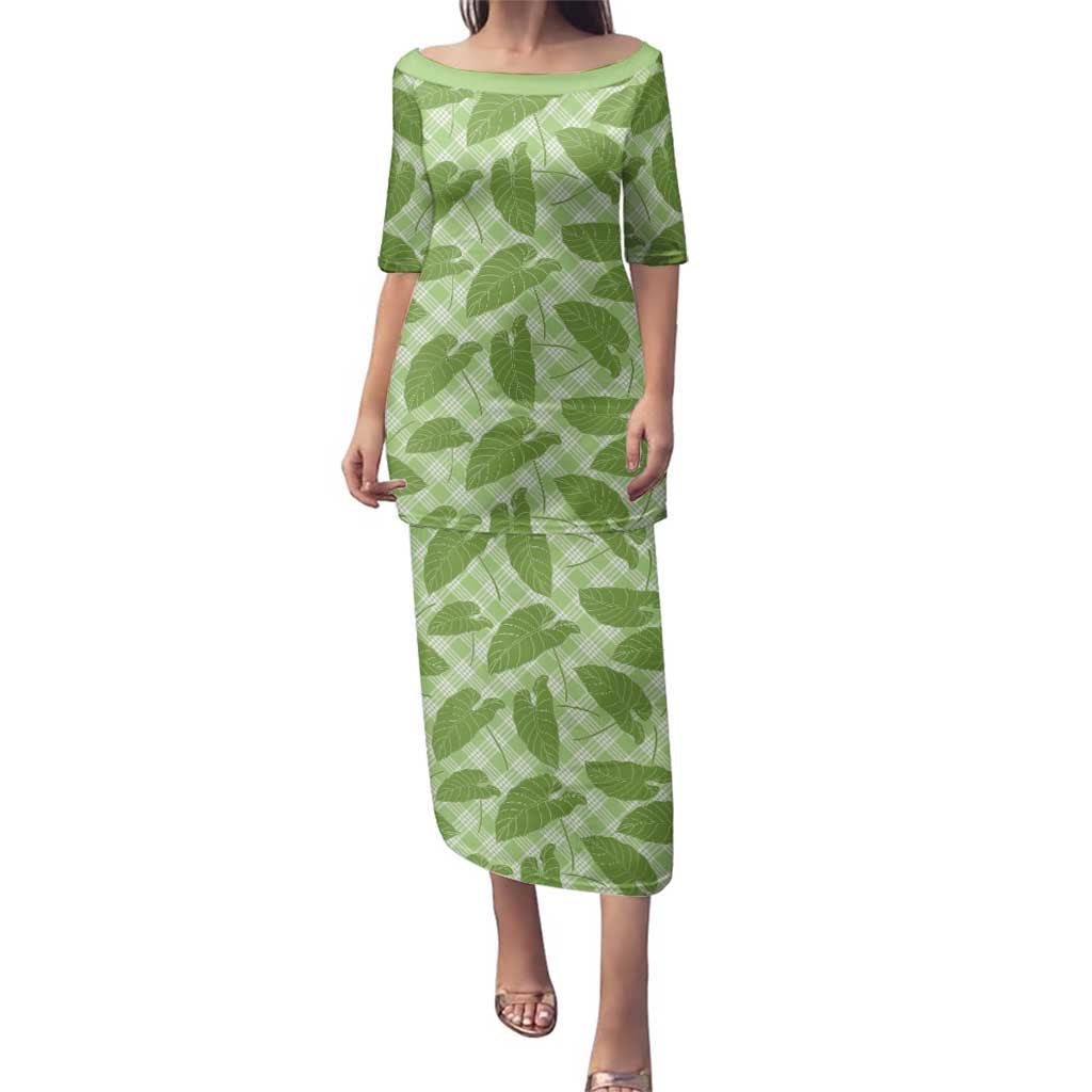 Green Hawaii Kalo Palaka Motifs Family Matching Puletasi and Hawaiian Shirt Hawaiian Taro Leaves Elegant Vibes - Polynesian Pride