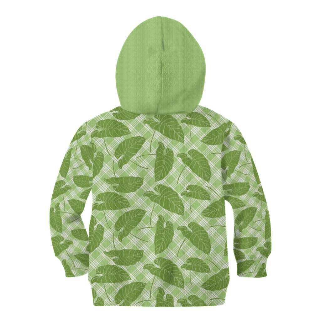 Green Hawaii Kalo Palaka Motifs Kid Hoodie Hawaiian Taro Leaves Elegant Vibes - Polynesian Pride