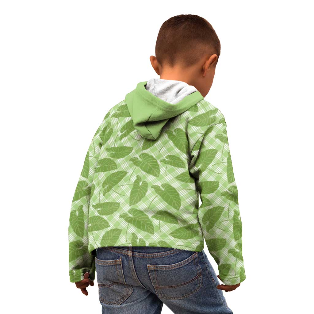 Green Hawaii Kalo Palaka Motifs Kid Hoodie Hawaiian Taro Leaves Elegant Vibes - Polynesian Pride