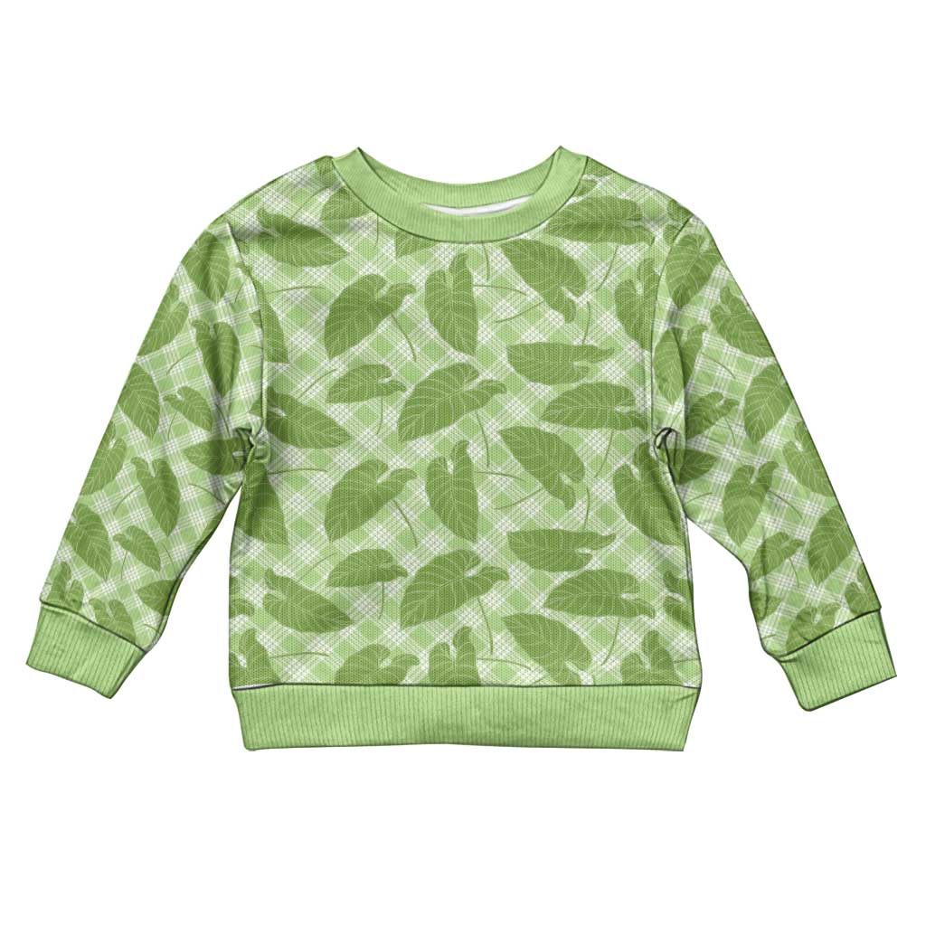 Green Hawaii Kalo Palaka Motifs Kid Ugly Christmas Sweater Hawaiian Taro Leaves Elegant Vibes - Polynesian Pride
