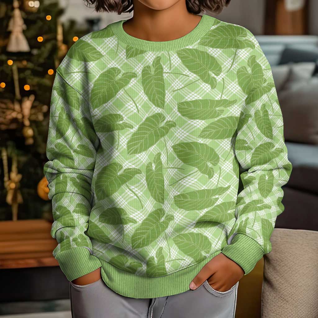 Green Hawaii Kalo Palaka Motifs Kid Ugly Christmas Sweater Hawaiian Taro Leaves Elegant Vibes - Polynesian Pride