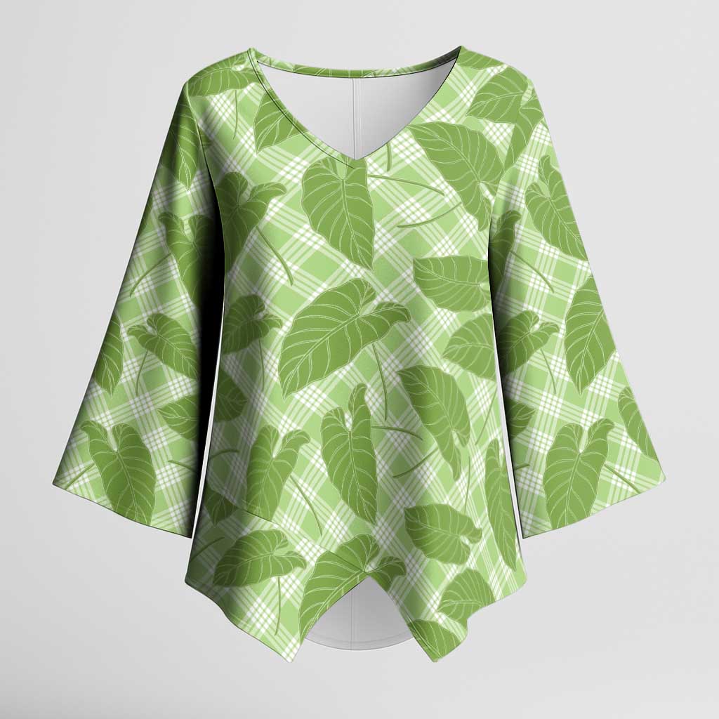 Green Hawaii Kalo Palaka Motifs Kimono Sleeve Blouse Hawaiian Taro Leaves Elegant Vibes - Polynesian Pride