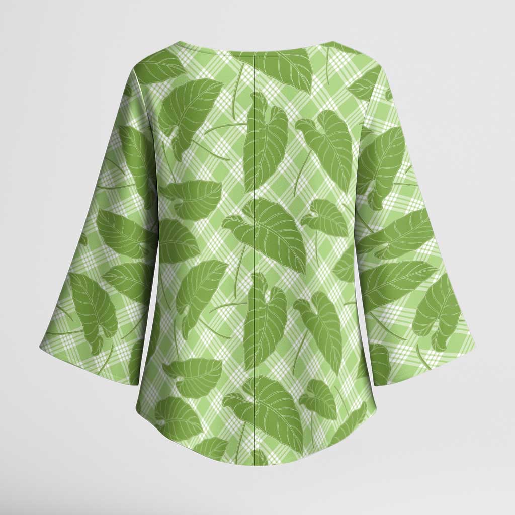 Green Hawaii Kalo Palaka Motifs Kimono Sleeve Blouse Hawaiian Taro Leaves Elegant Vibes - Polynesian Pride