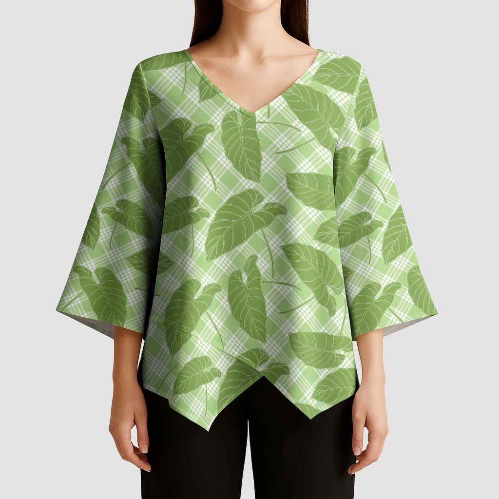 Green Hawaii Kalo Palaka Motifs Kimono Sleeve Blouse Hawaiian Taro Leaves Elegant Vibes - Polynesian Pride