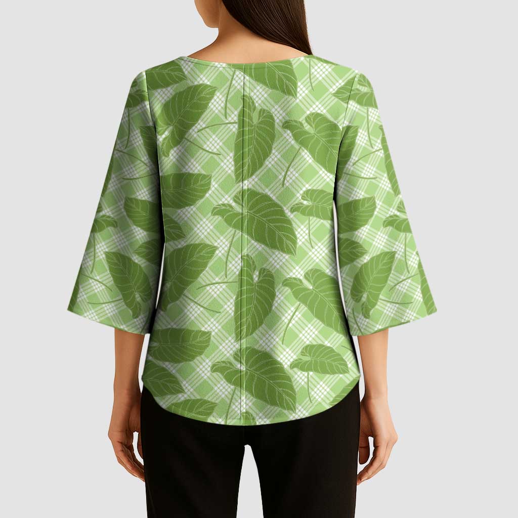 Green Hawaii Kalo Palaka Motifs Kimono Sleeve Blouse Hawaiian Taro Leaves Elegant Vibes - Polynesian Pride