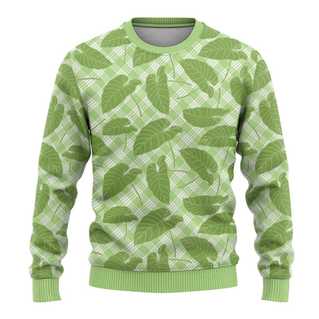 Green Hawaii Kalo Palaka Motifs Ugly Christmas Sweater Hawaiian Taro Leaves Elegant Vibes - Polynesian Pride