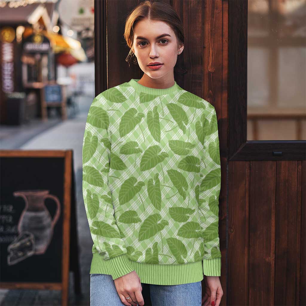 Green Hawaii Kalo Palaka Motifs Ugly Christmas Sweater Hawaiian Taro Leaves Elegant Vibes - Polynesian Pride