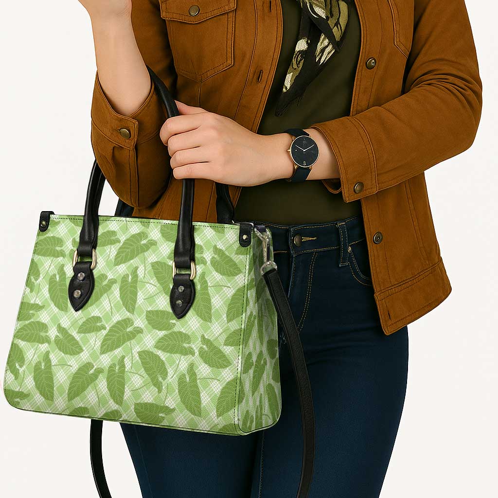 Green Hawaii Kalo Palaka Motifs Leather Bag Hawaiian Taro Leaves Elegant Vibes - Polynesian Pride