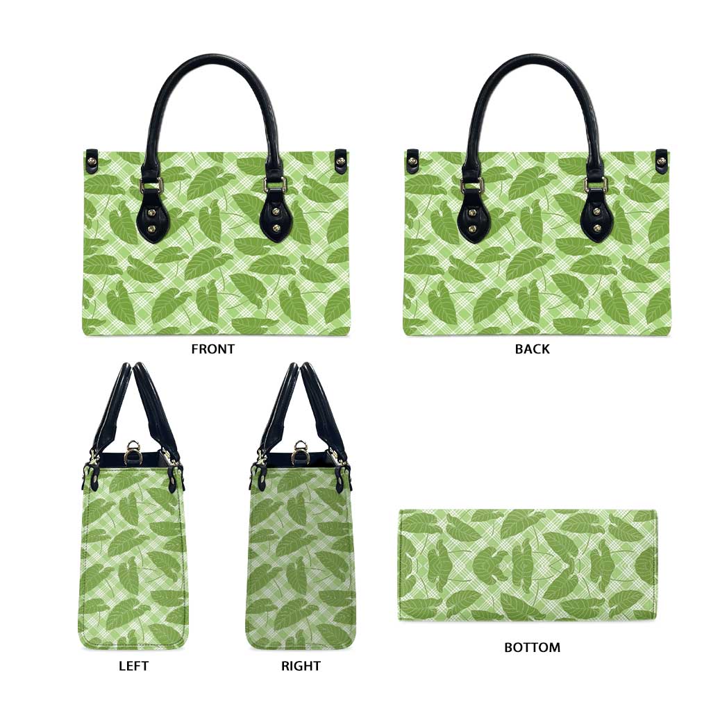 Green Hawaii Kalo Palaka Motifs Leather Bag Hawaiian Taro Leaves Elegant Vibes - Polynesian Pride