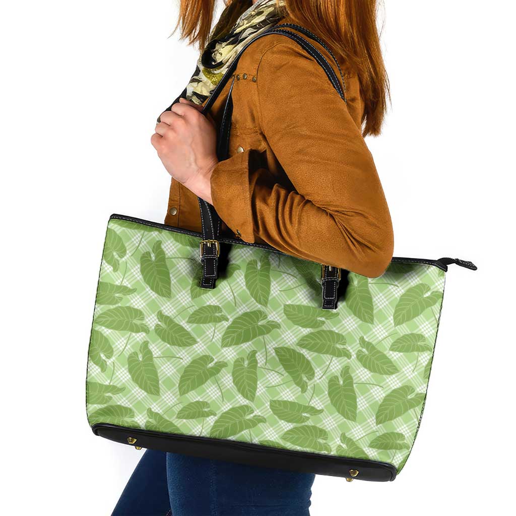 Green Hawaii Kalo Palaka Motifs Leather Tote Bag Hawaiian Taro Leaves Elegant Vibes - Polynesian Pride