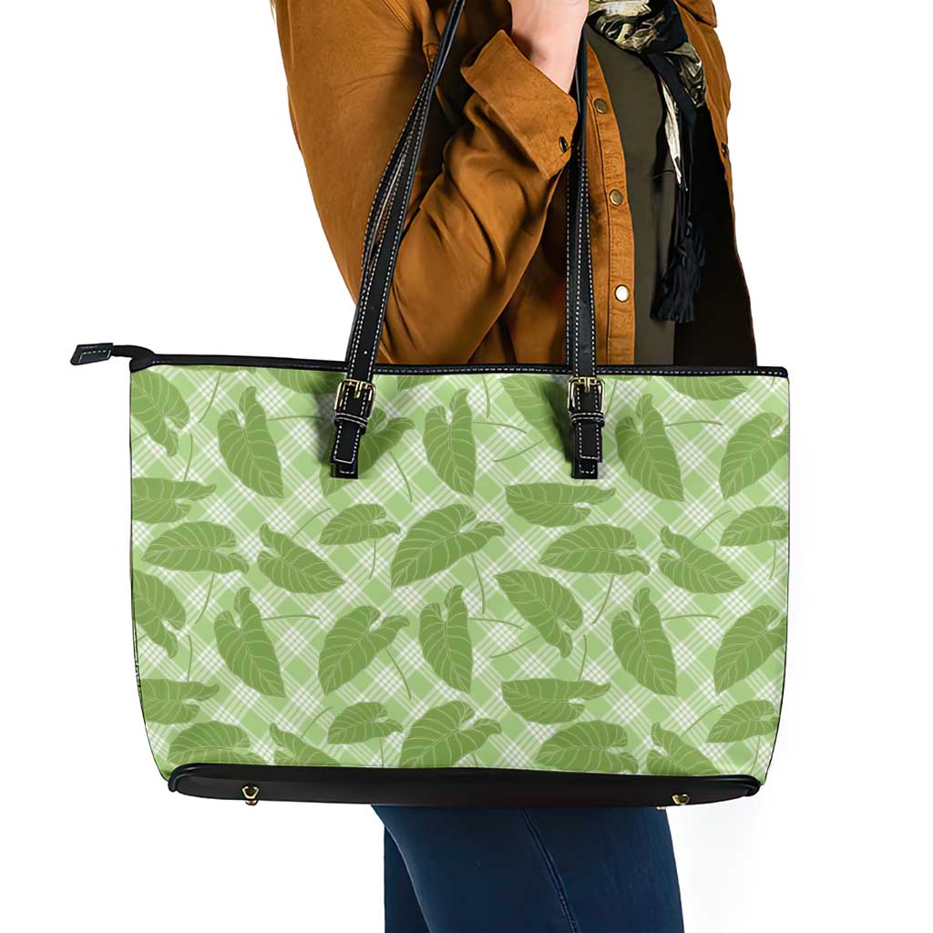 Green Hawaii Kalo Palaka Motifs Leather Tote Bag Hawaiian Taro Leaves Elegant Vibes - Polynesian Pride