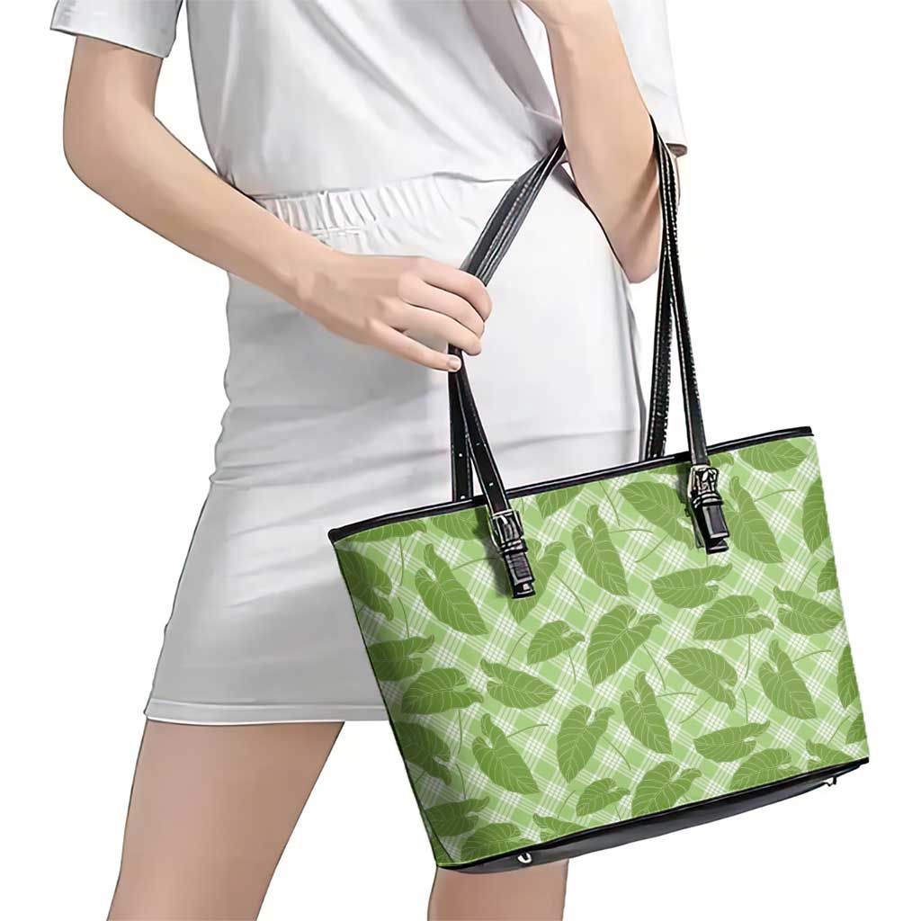 Green Hawaii Kalo Palaka Motifs Leather Tote Bag Hawaiian Taro Leaves Elegant Vibes - Polynesian Pride