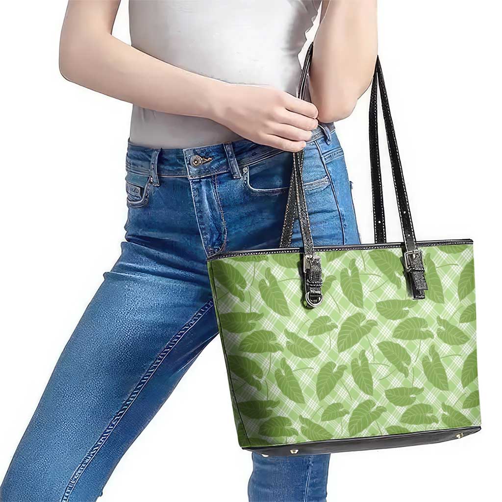 Green Hawaii Kalo Palaka Motifs Leather Tote Bag Hawaiian Taro Leaves Elegant Vibes - Polynesian Pride