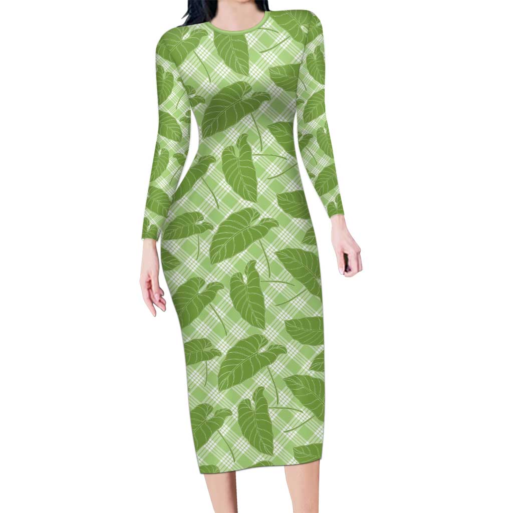 Green Hawaii Kalo Palaka Motifs Long Sleeve Bodycon Dress Hawaiian Taro Leaves Elegant Vibes - Polynesian Pride