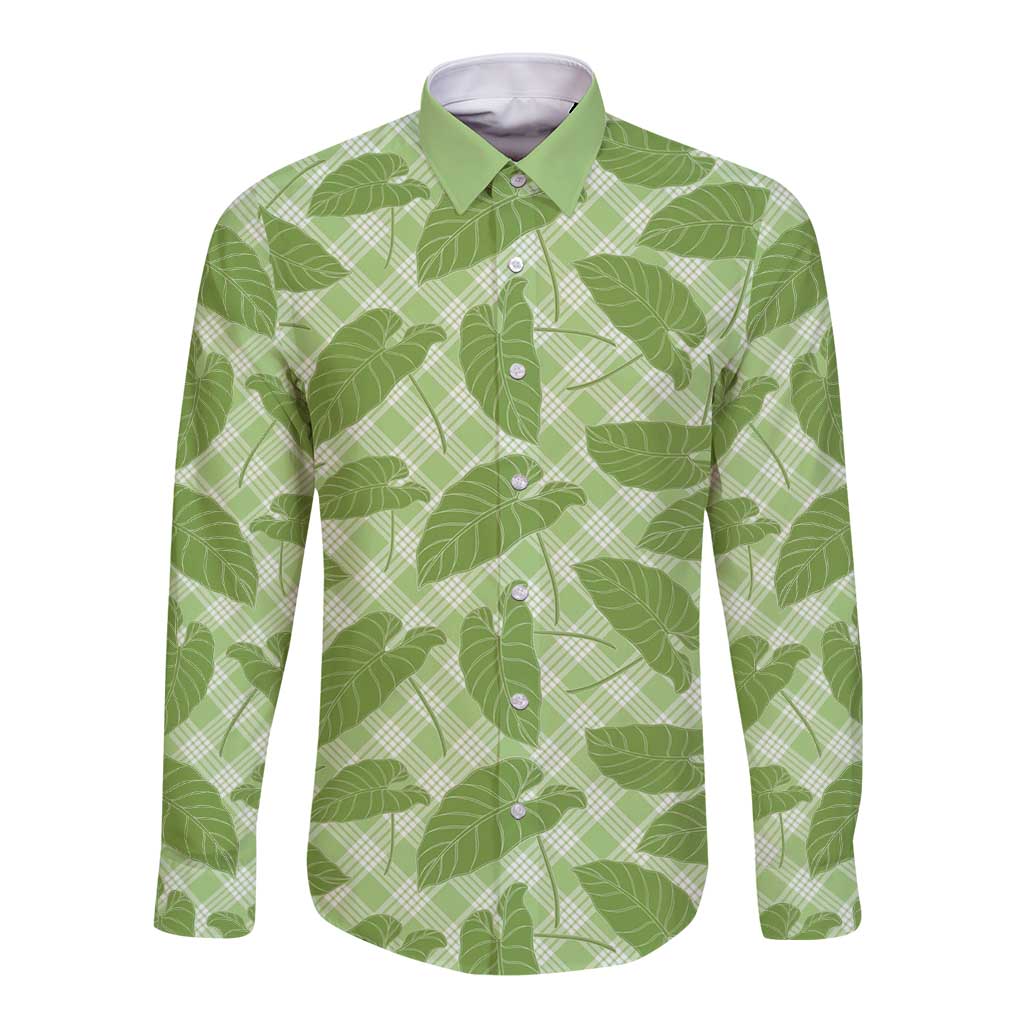 Green Hawaii Kalo Palaka Motifs Long Sleeve Button Shirt Hawaiian Taro Leaves Elegant Vibes - Polynesian Pride