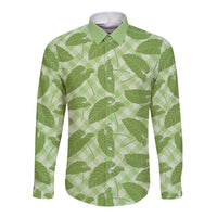 Green Hawaii Kalo Palaka Motifs Long Sleeve Button Shirt Hawaiian Taro Leaves Elegant Vibes - Polynesian Pride