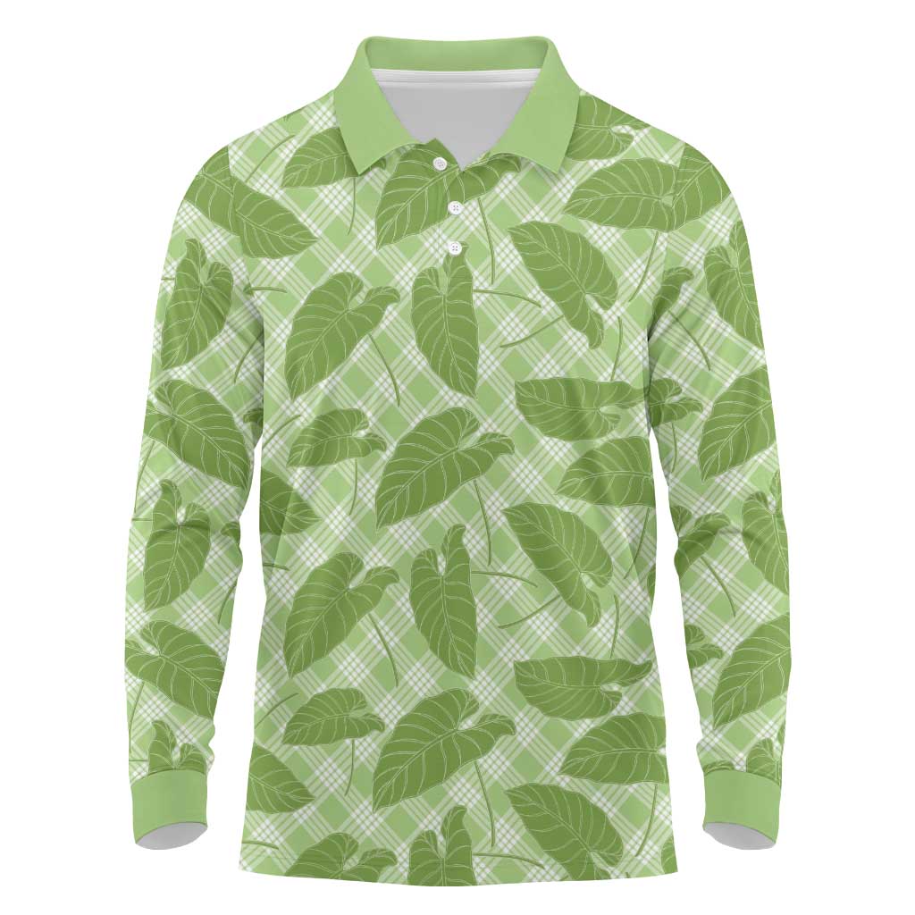 Green Hawaii Kalo Palaka Motifs Long Sleeve Polo Shirt Hawaiian Taro Leaves Elegant Vibes - Polynesian Pride