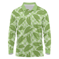 Green Hawaii Kalo Palaka Motifs Long Sleeve Polo Shirt Hawaiian Taro Leaves Elegant Vibes - Polynesian Pride