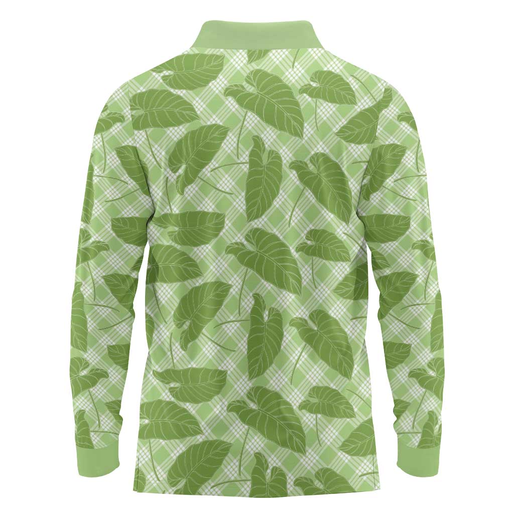 Green Hawaii Kalo Palaka Motifs Long Sleeve Polo Shirt Hawaiian Taro Leaves Elegant Vibes - Polynesian Pride