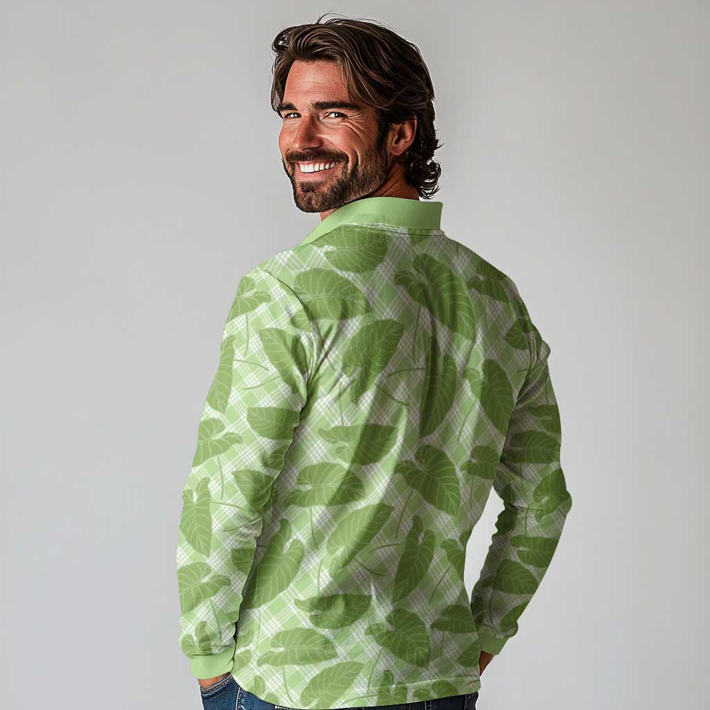 Green Hawaii Kalo Palaka Motifs Long Sleeve Polo Shirt Hawaiian Taro Leaves Elegant Vibes - Polynesian Pride