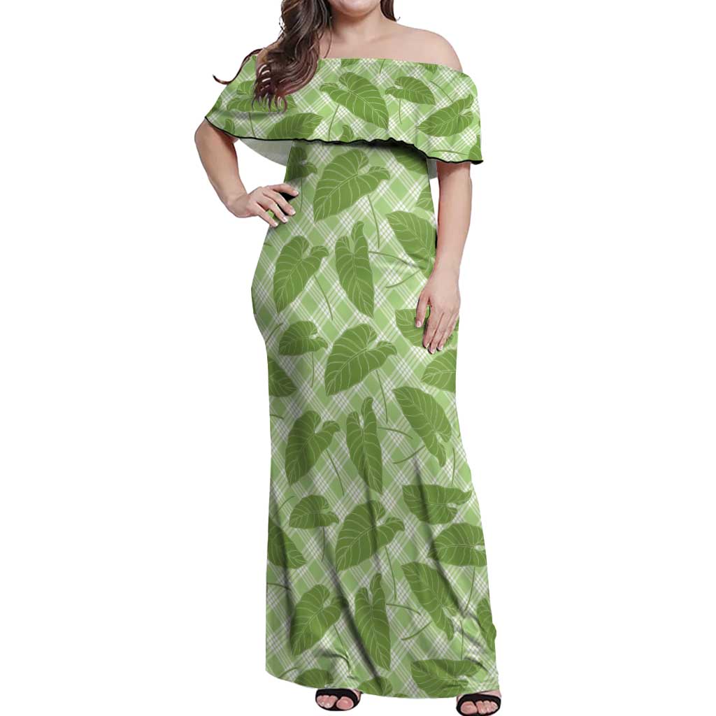Green Hawaii Kalo Palaka Motifs Off Shoulder Maxi Dress Hawaiian Taro Leaves Elegant Vibes - Polynesian Pride