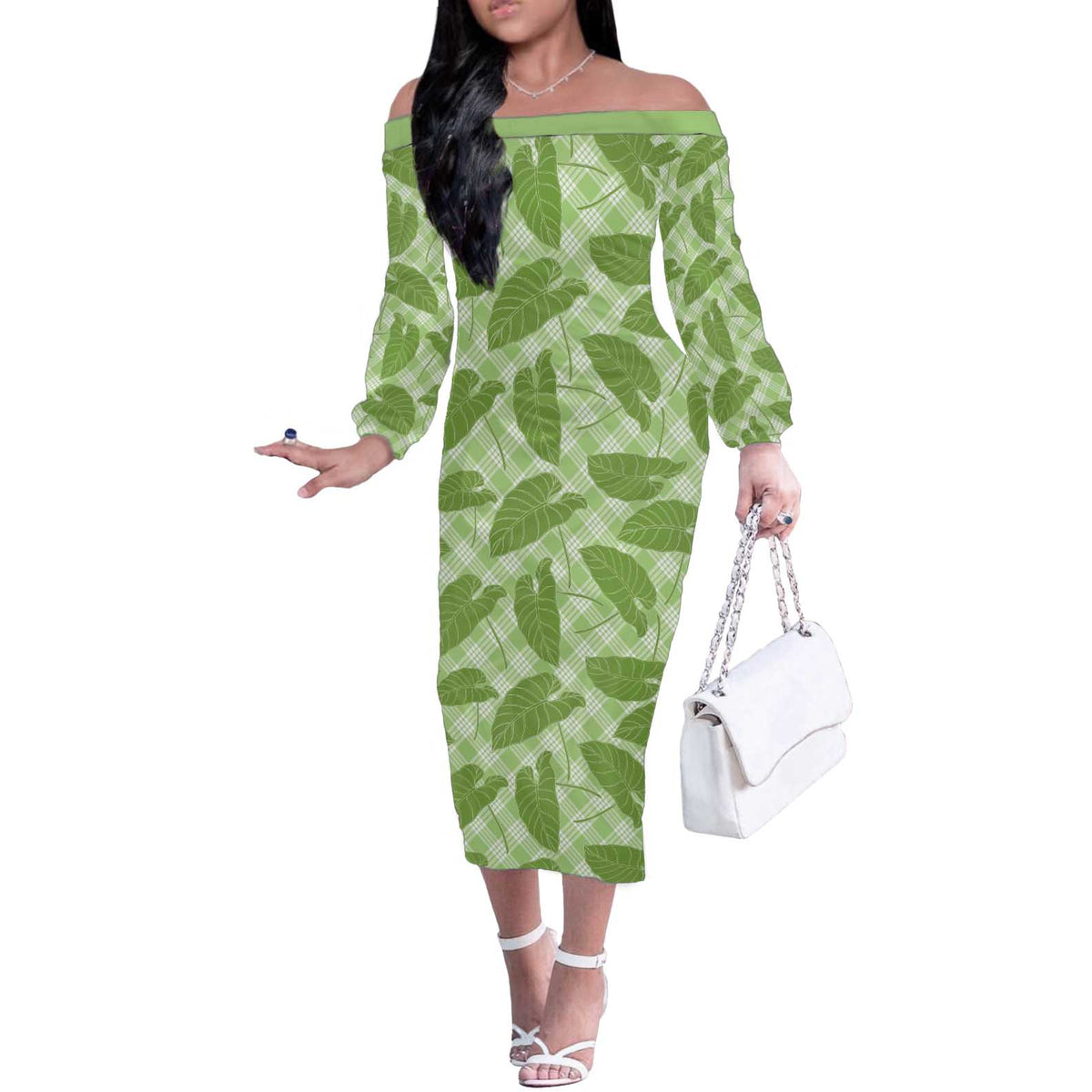 Green Hawaii Kalo Palaka Motifs Off The Shoulder Long Sleeve Dress Hawaiian Taro Leaves Elegant Vibes - Polynesian Pride