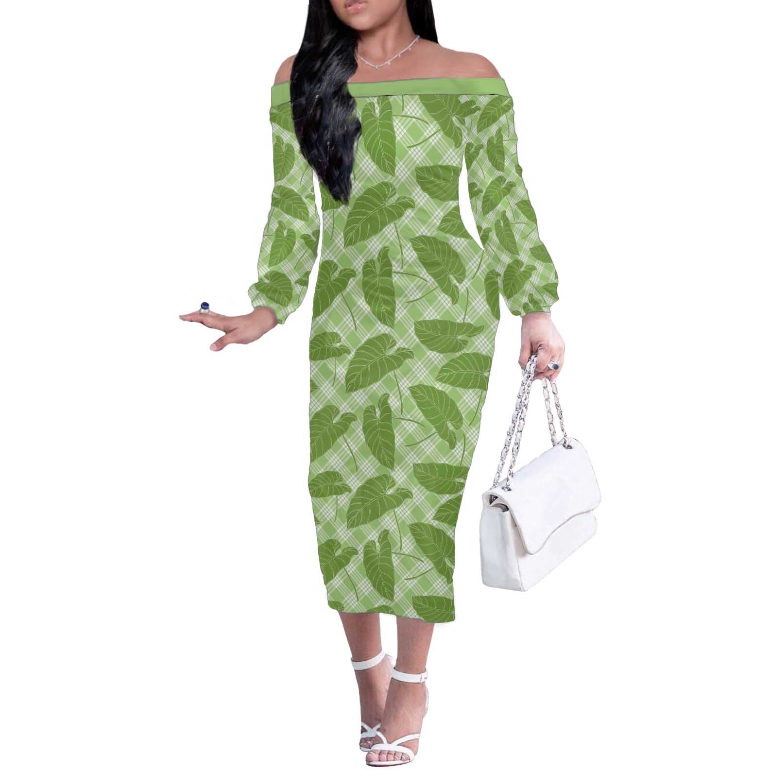 Green Hawaii Kalo Palaka Motifs Off The Shoulder Long Sleeve Dress Hawaiian Taro Leaves Elegant Vibes - Polynesian Pride