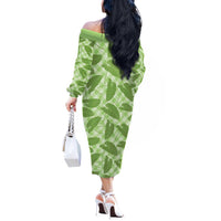 Green Hawaii Kalo Palaka Motifs Off The Shoulder Long Sleeve Dress Hawaiian Taro Leaves Elegant Vibes - Polynesian Pride