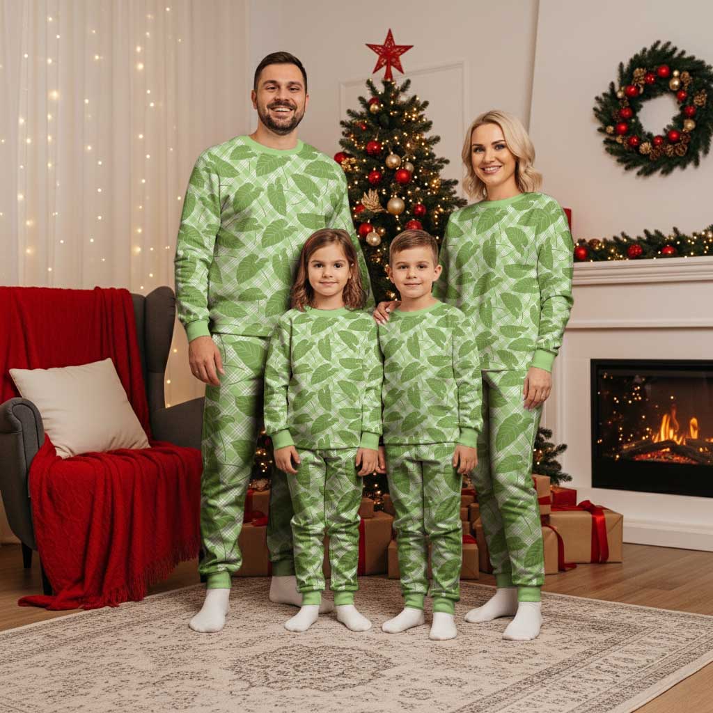 Green Hawaii Kalo Palaka Motifs Christmas Pajama Set Hawaiian Taro Leaves Elegant Vibes - Polynesian Pride