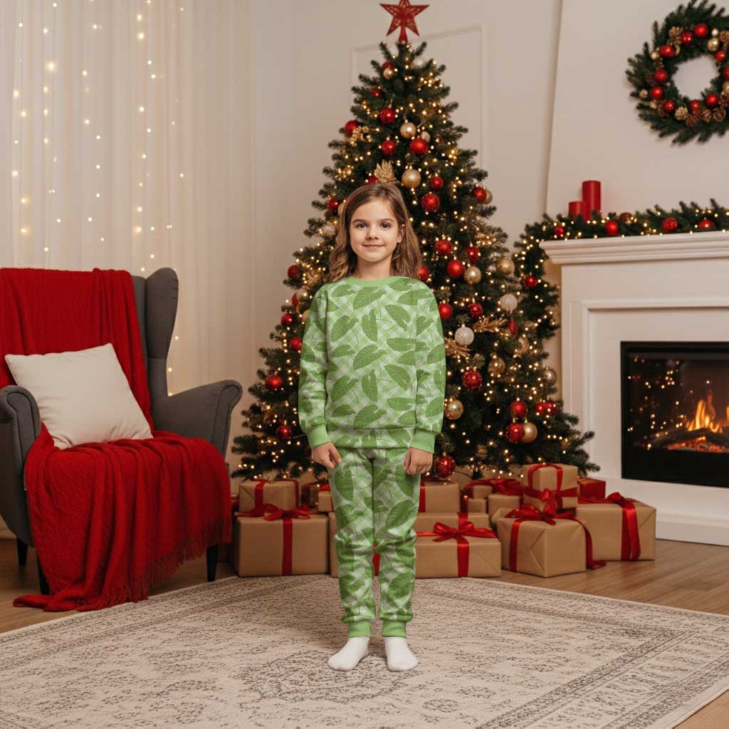 Green Hawaii Kalo Palaka Motifs Christmas Pajama Set Hawaiian Taro Leaves Elegant Vibes - Polynesian Pride