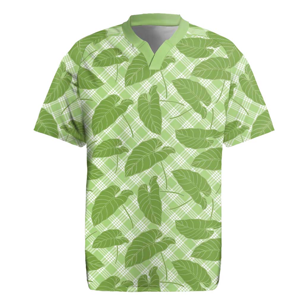 Green Hawaii Kalo Palaka Motifs Rugby Jersey Hawaiian Taro Leaves Elegant Vibes - Polynesian Pride