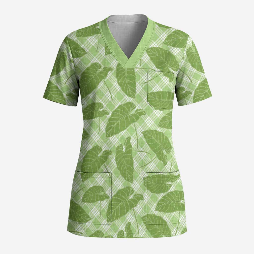 Green Hawaii Kalo Palaka Motifs Scrub Top Hawaiian Taro Leaves Elegant Vibes - Polynesian Pride