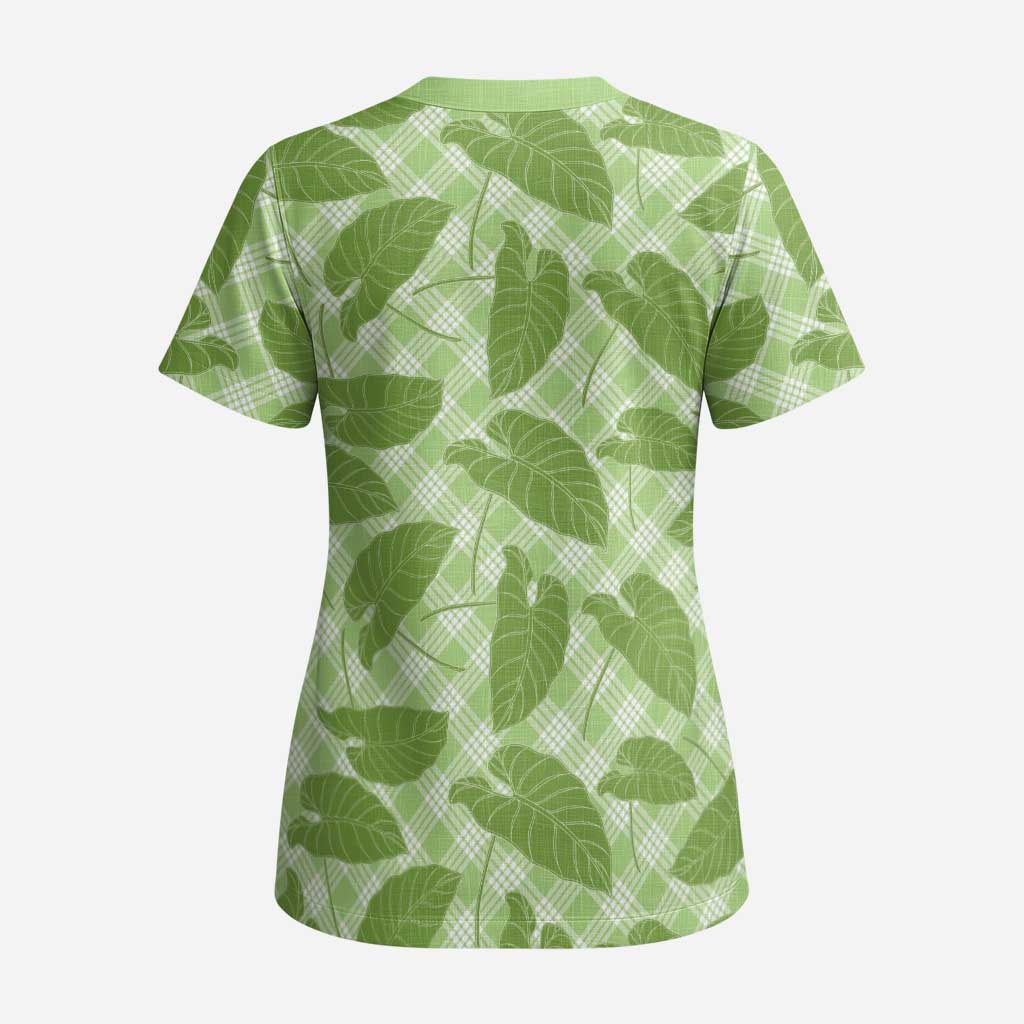 Green Hawaii Kalo Palaka Motifs Scrub Top Hawaiian Taro Leaves Elegant Vibes - Polynesian Pride