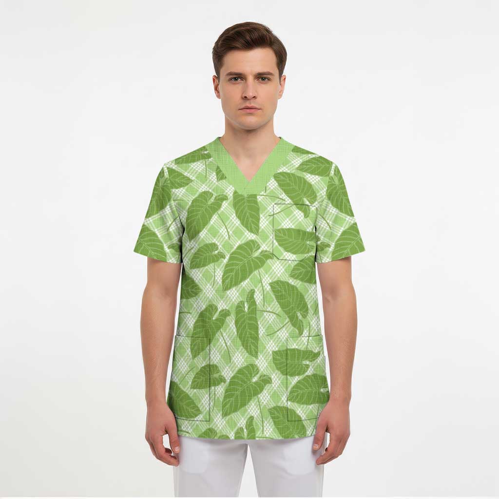 Green Hawaii Kalo Palaka Motifs Scrub Top Hawaiian Taro Leaves Elegant Vibes - Polynesian Pride