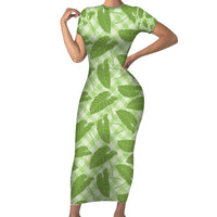 Green Hawaii Kalo Palaka Motifs Short Sleeve Bodycon Dress Hawaiian Taro Leaves Elegant Vibes - Polynesian Pride